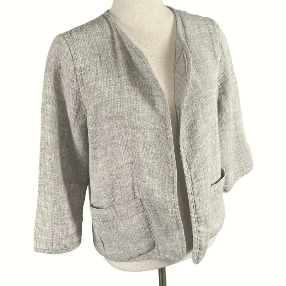 Eileen Fisher Open Front Gray 3/4 Sleeve Linen Cotton Jacket Size Petite Small